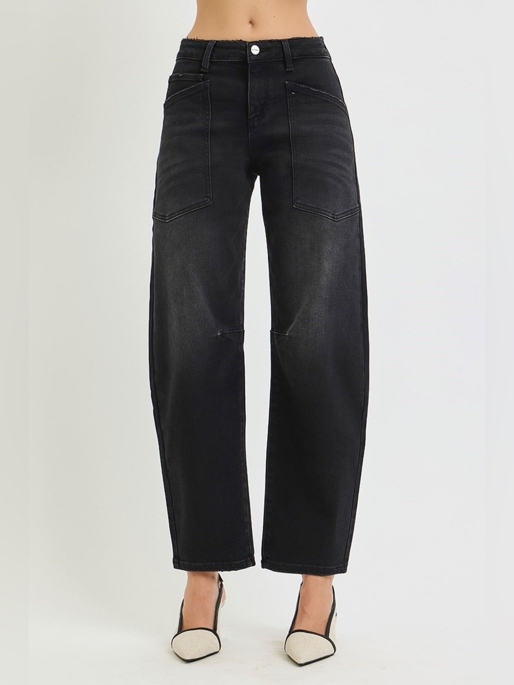 PGA21631 WASHED BLACK Risen Mid Rise Barrel Patch Pocket Jeans